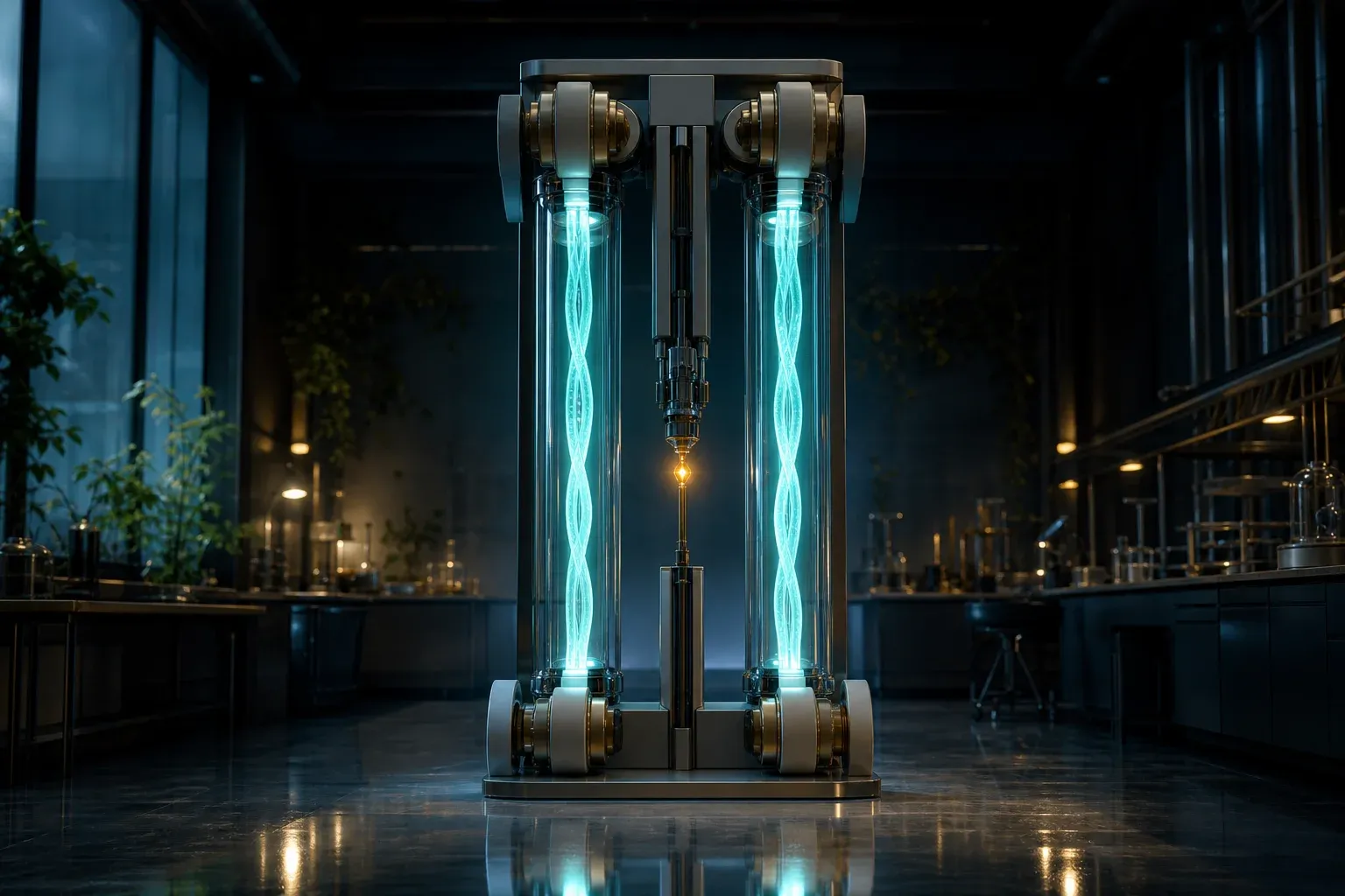 A lab machine pulls two glowing strands up through glass columns while a scanner marks mismatches with small amber sparks.