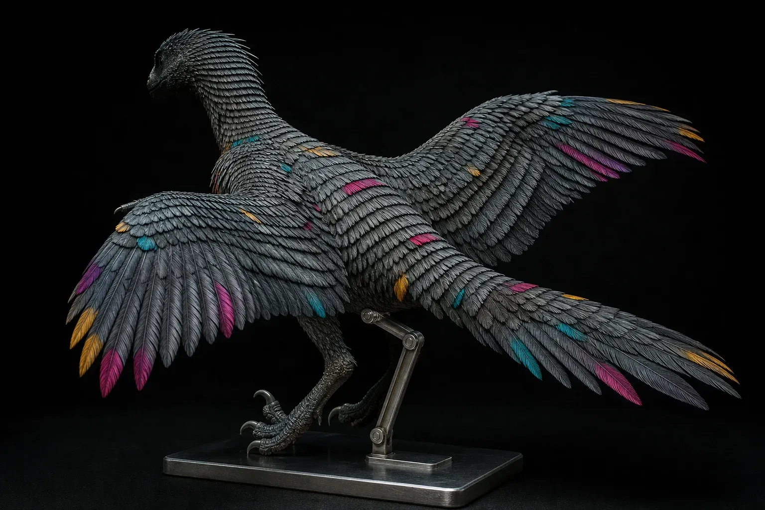 A small feathered dinosaur on a steel stand, its grey plumage in stacked rows with scattered brightly colored feathers, lit against black.