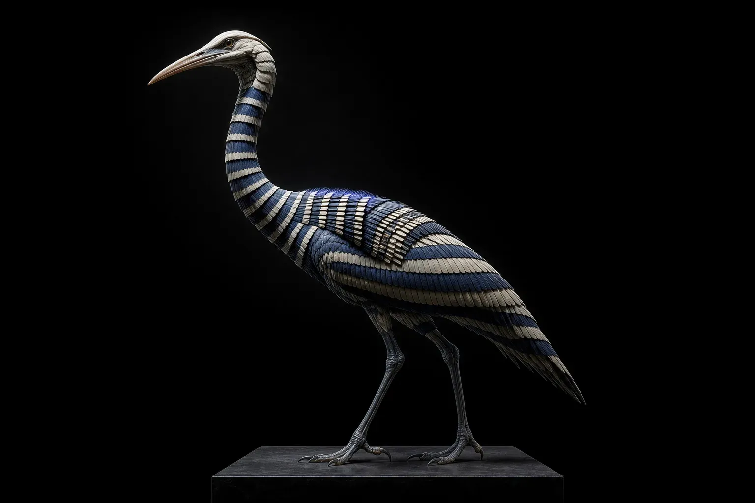 A feathered specimen animal on a black plinth, its striped plumage bands neatly ordered except for an inverted and repeated patch at the shoulder.