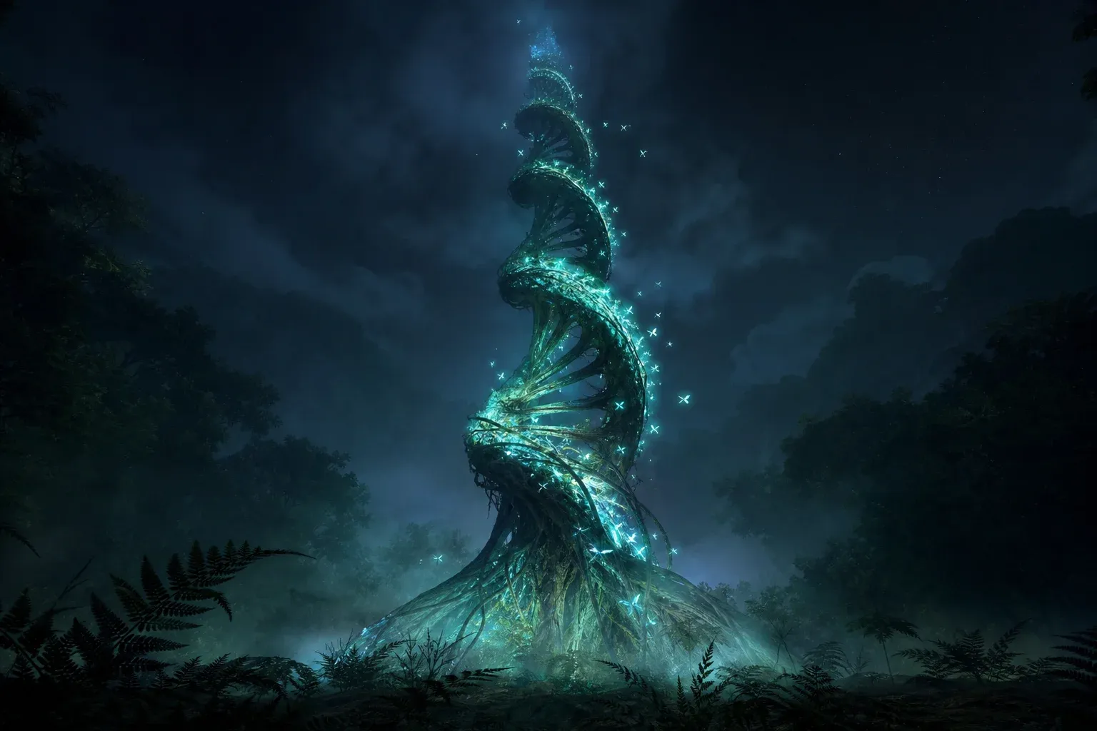 A giant helical vine in a dark misty forest glows in uneven bright and faint bands, seen from below.