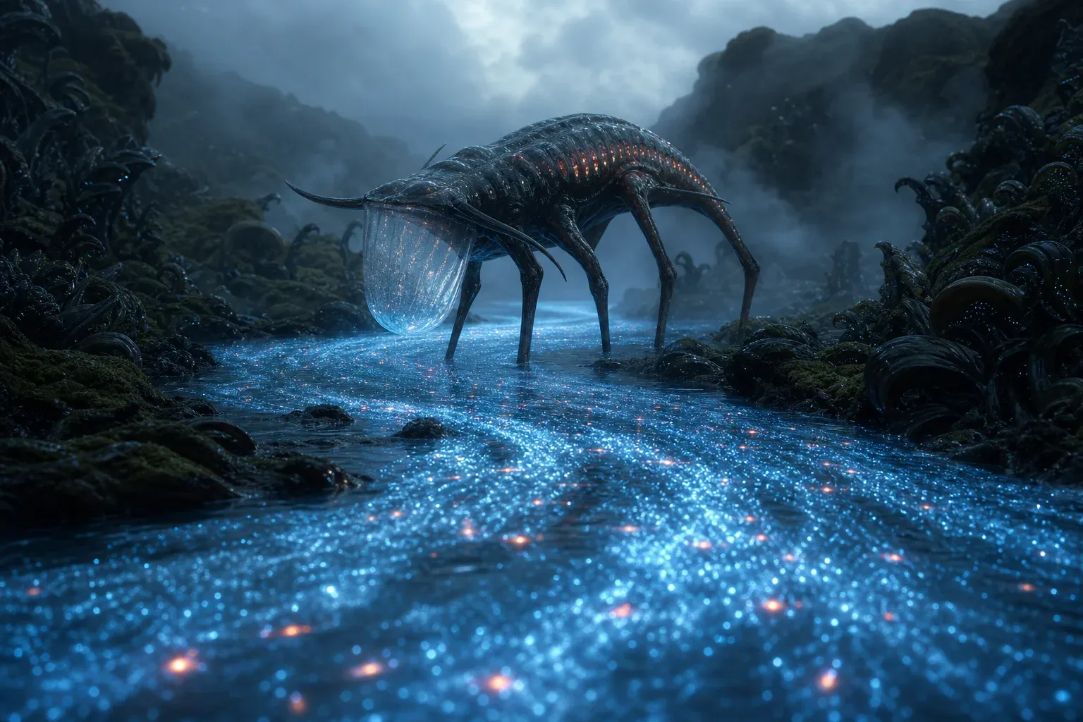 Wading creatures filter a glowing blue river, collecting rare amber grains into lit rows along their sides.