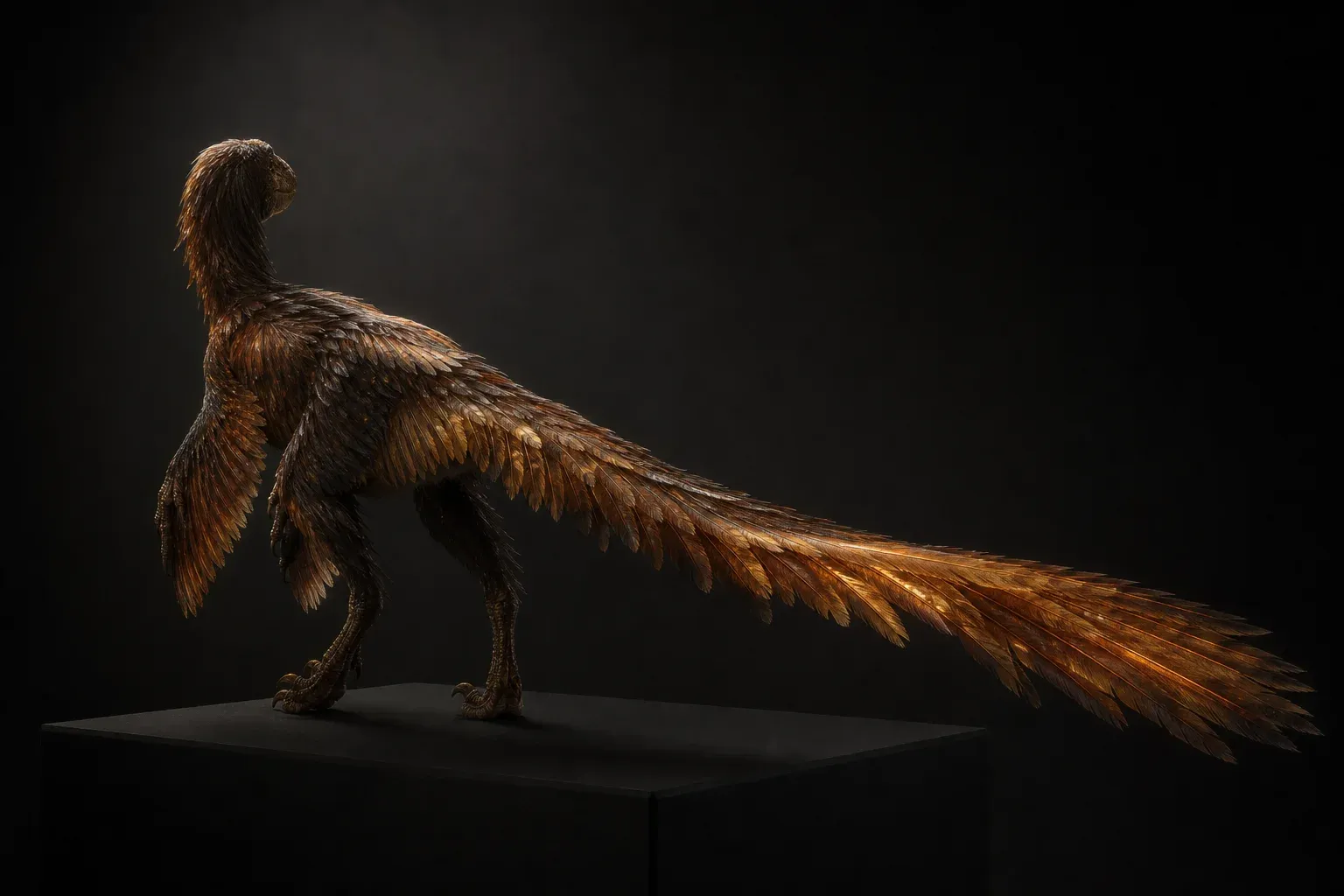 Studio-lit feathered reptile specimen on a black plinth, its layered translucent quills glowing where thick and fading to shadow where thin.